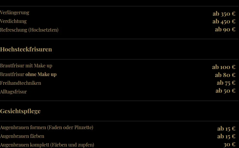 Cjk - Hair Atelier - Preisliste für Damenfrisuren